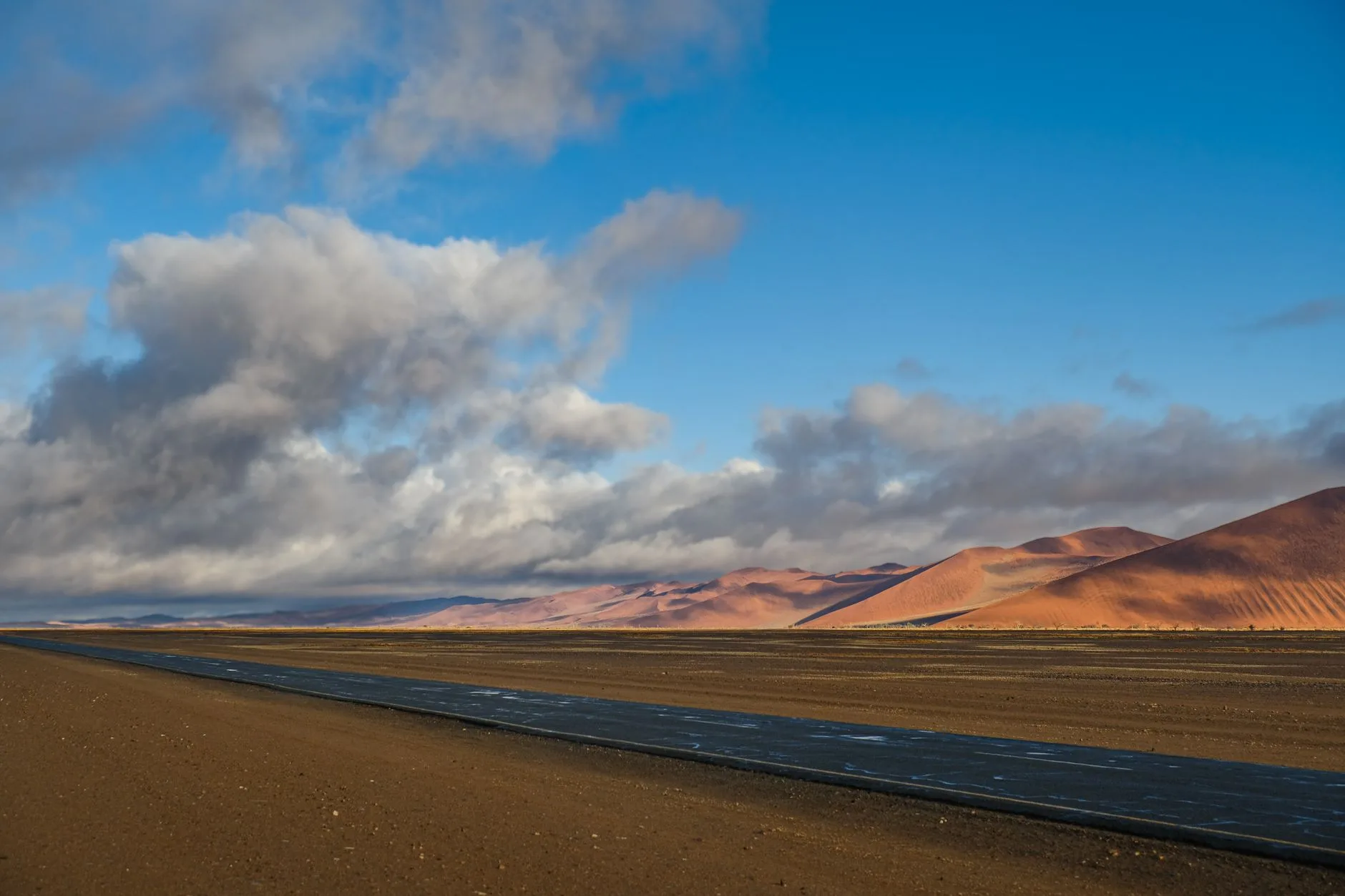 Courses de road trip en Namibie : biltong, fruits et glacière posés à l'arrière d'un 4x4 au bord d'une piste